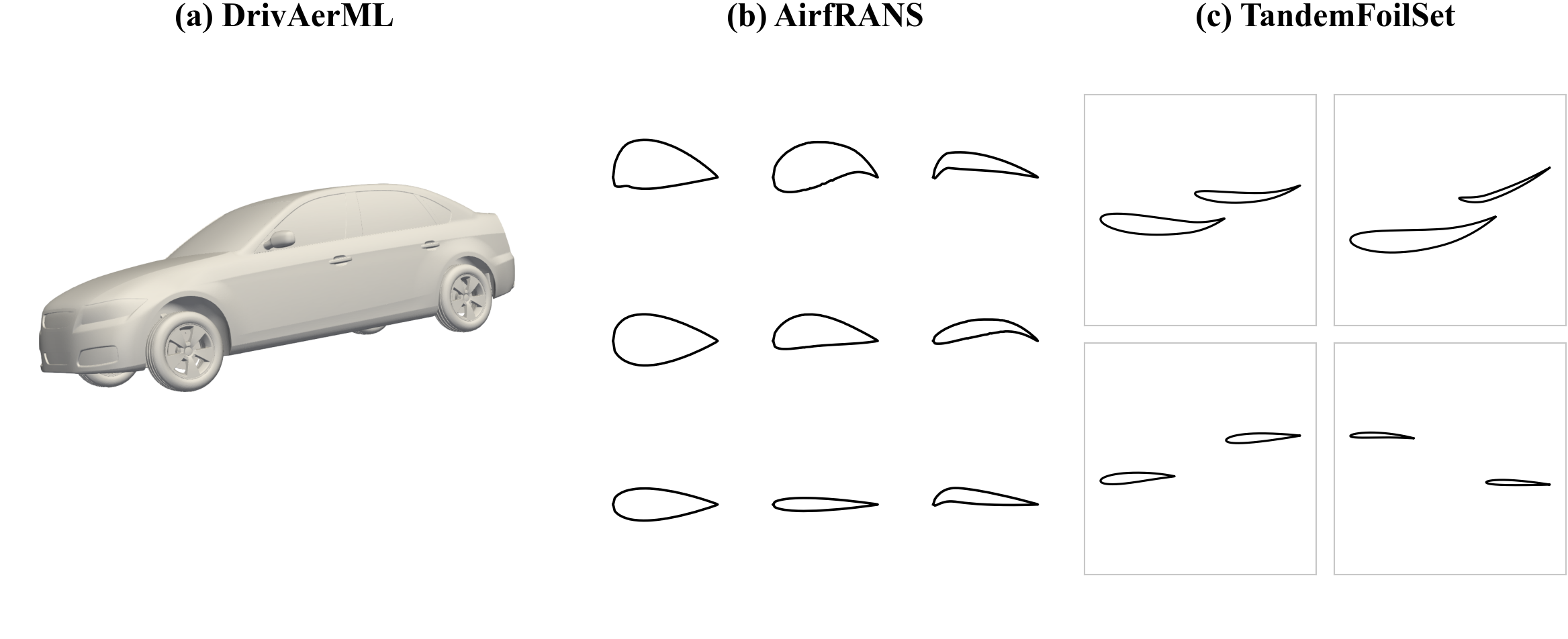 Representative DrivAerML, AirfRANS, and TandemFoilSet geometries.